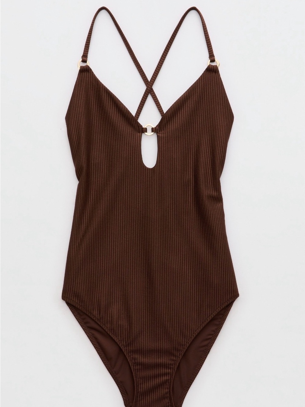 Aerie Chocolate Brown Ribbed One-Piece Swimsuit adjustable strap